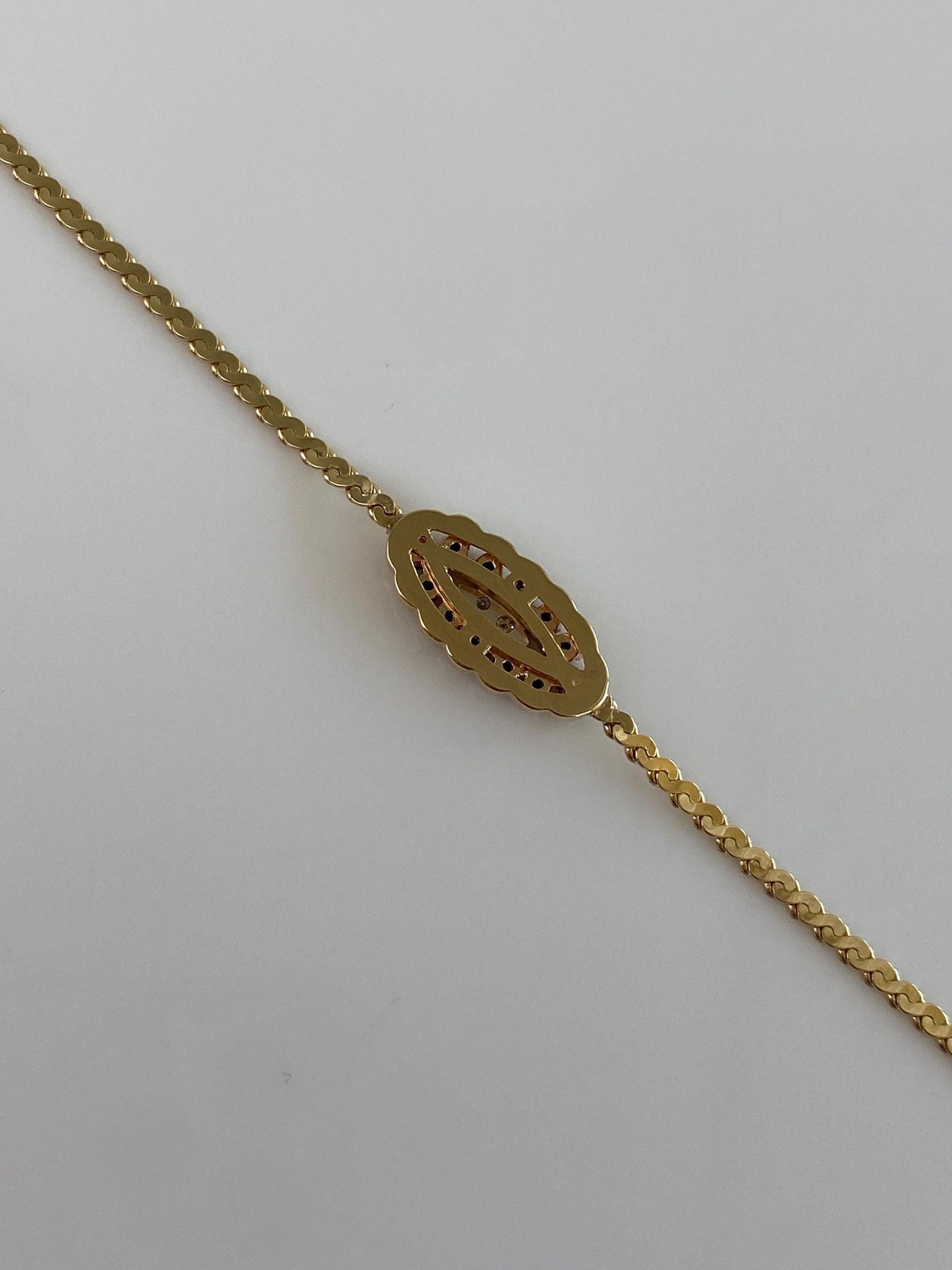 Vintage Solid 14k Yellow Gold Diamonds Blue Sapphire Serpentine Chain Bracelet - 6.5 inches