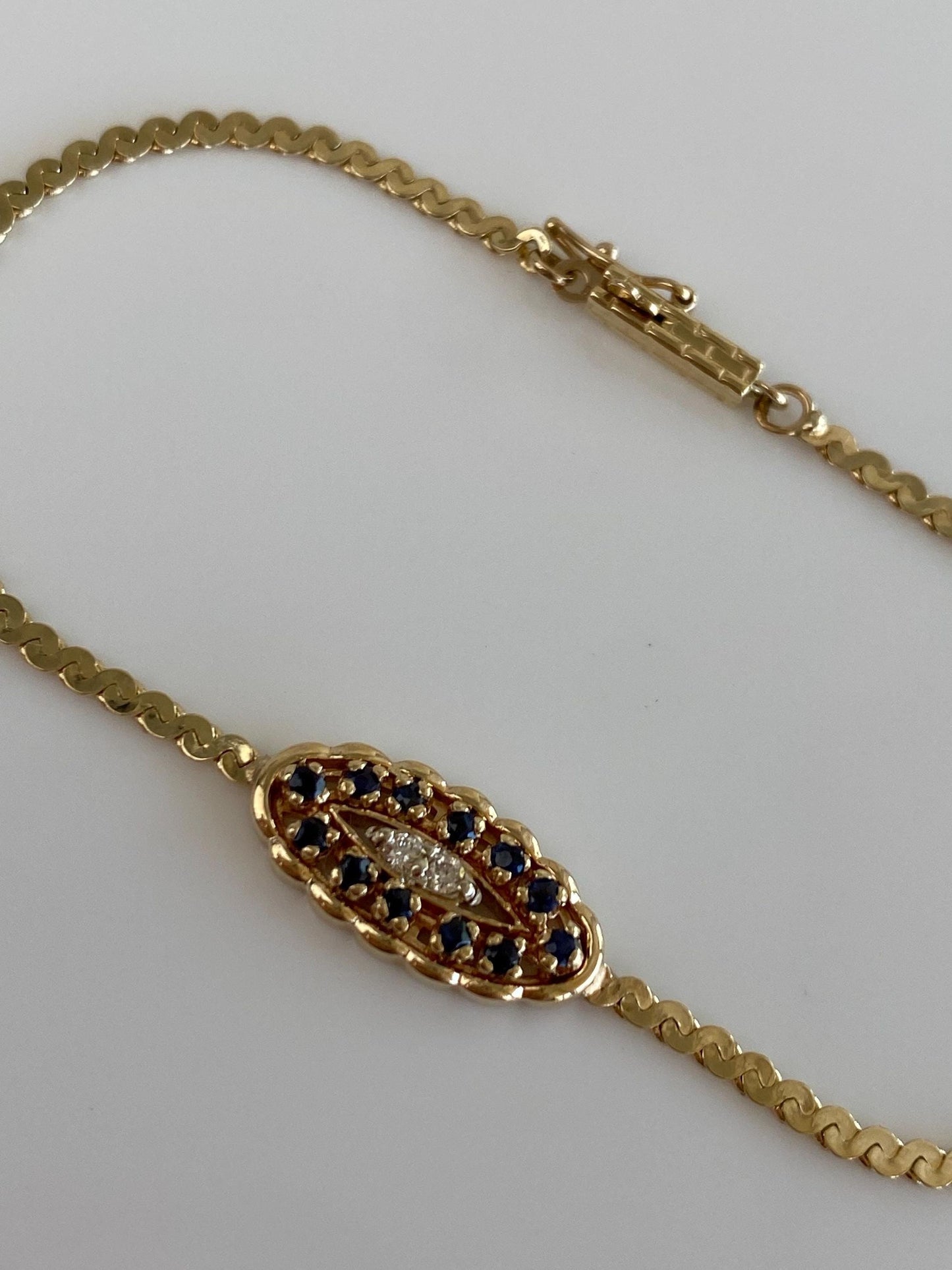 Vintage Solid 14k Yellow Gold Diamonds Blue Sapphire Serpentine Chain Bracelet - 6.5 inches