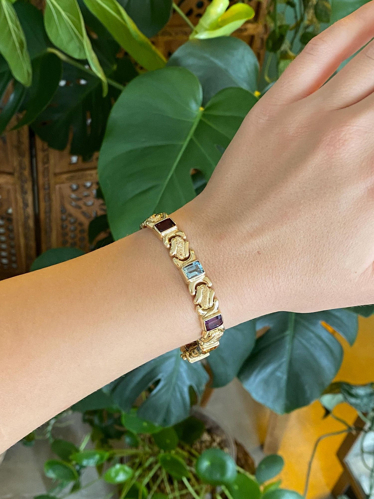 Vintage 14k Yellow Gold Garnet Amethyst Citrine Topaz Fancy Sparkly Link Bracelet - 7.25 inches