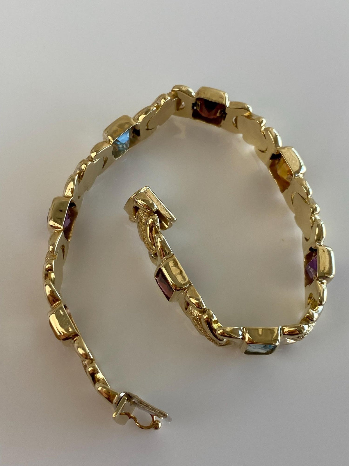 Vintage 14k Yellow Gold Garnet Amethyst Citrine Topaz Fancy Sparkly Link Bracelet - 7.25 inches