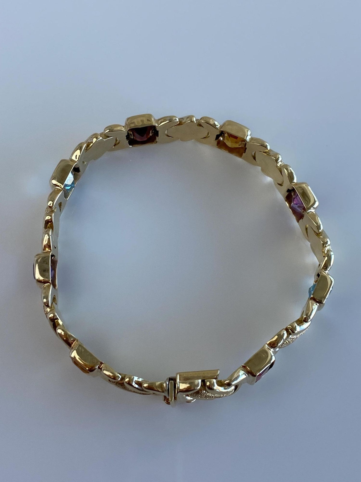 Vintage 14k Yellow Gold Garnet Amethyst Citrine Topaz Fancy Sparkly Link Bracelet - 7.25 inches