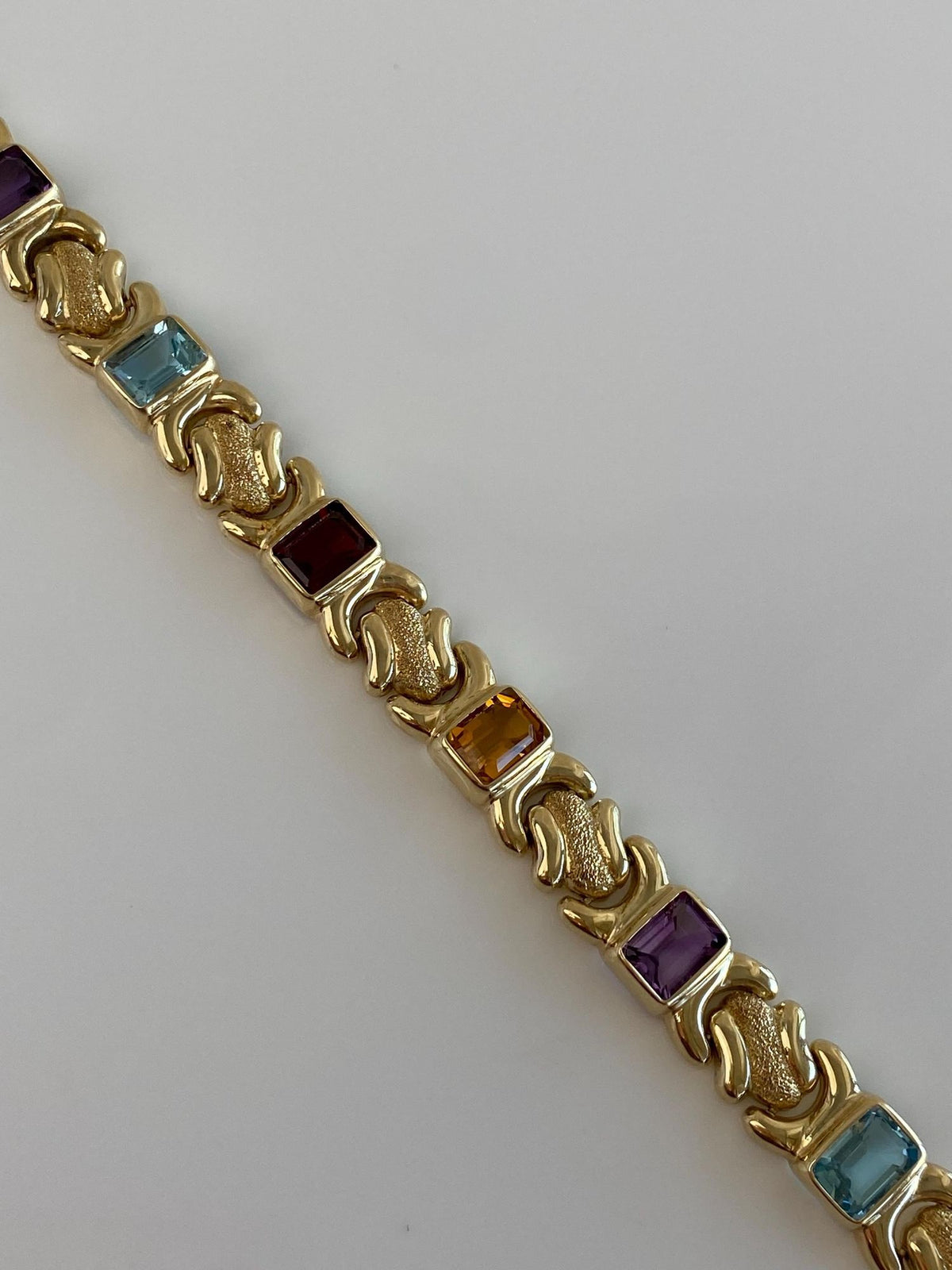 Vintage 14k Yellow Gold Garnet Amethyst Citrine Topaz Fancy Sparkly Link Bracelet - 7.25 inches