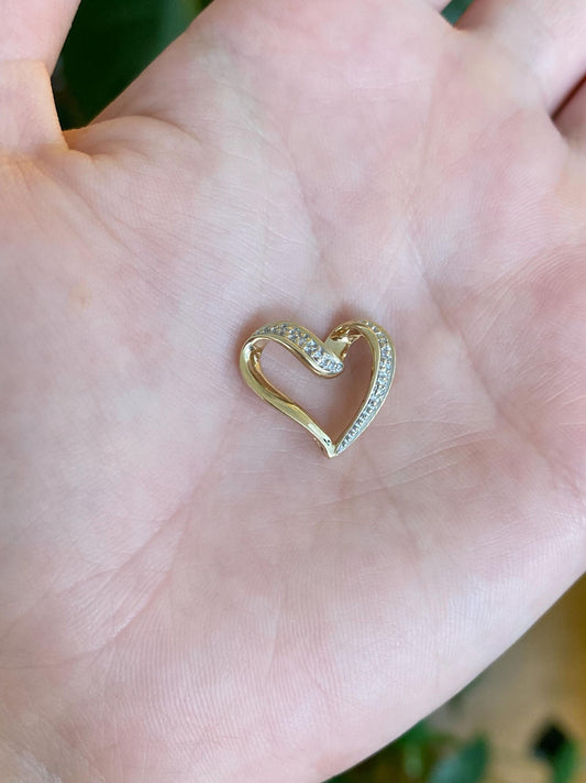 Vintage Solid 10k White & Yellow Gold Diamond Heart Slide Charm