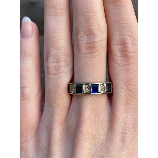 Vintage Solid 14k White Gold Blue Spinel Diamond Chunky Ring Band - Size 8.75