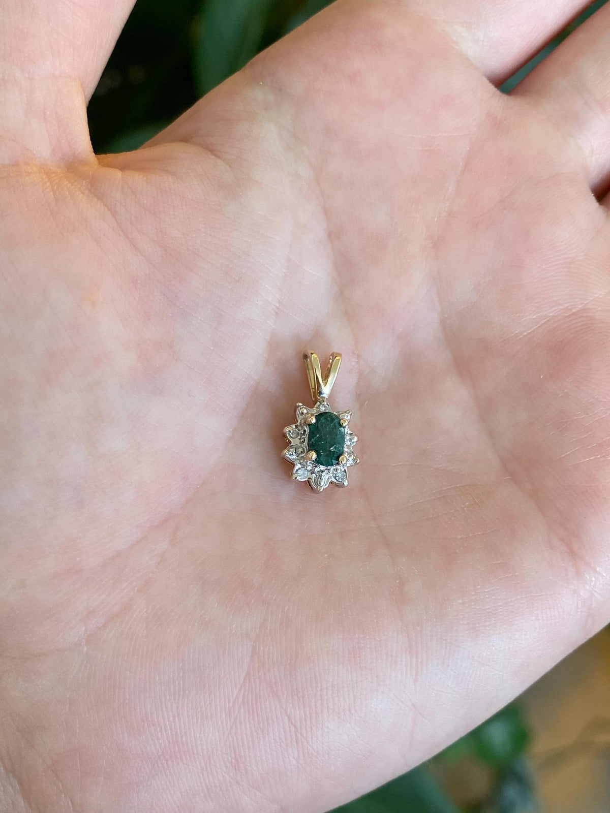 Vintage Solid 10k White & Yellow Gold Diamond Halo Emerald Charm