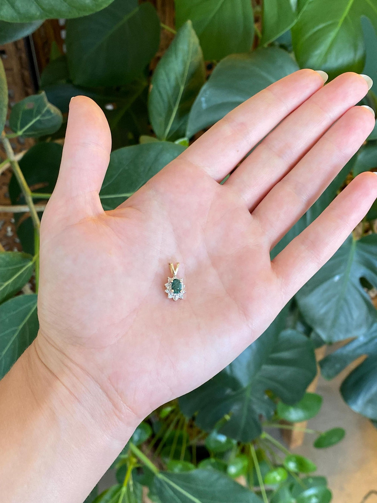Vintage Solid 10k White & Yellow Gold Diamond Halo Emerald Charm