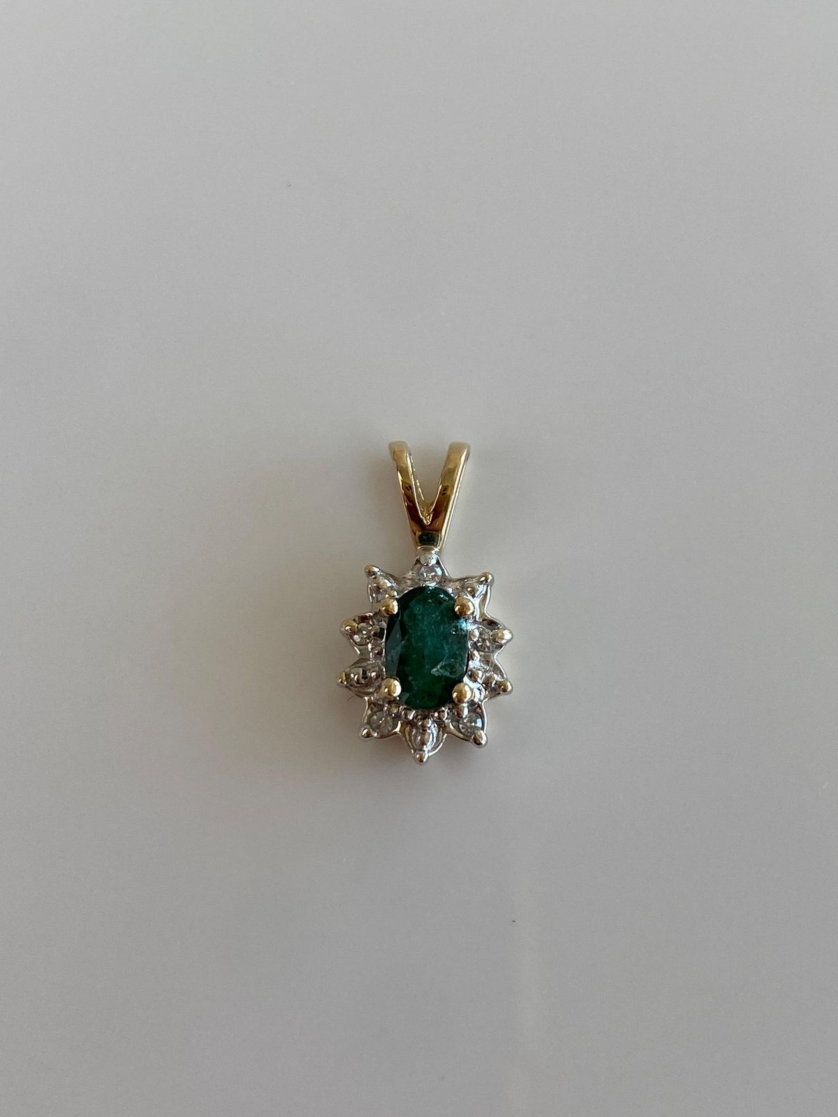 Vintage Solid 10k White & Yellow Gold Diamond Halo Emerald Charm