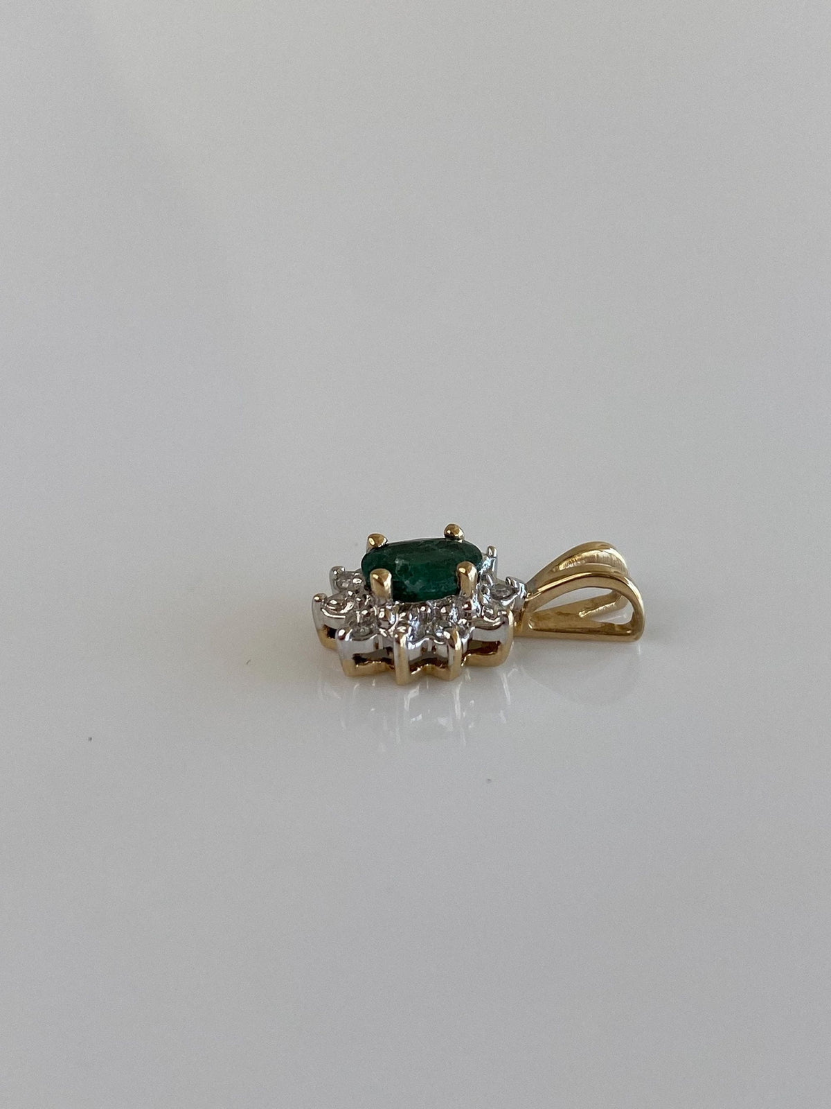Vintage Solid 10k White & Yellow Gold Diamond Halo Emerald Charm