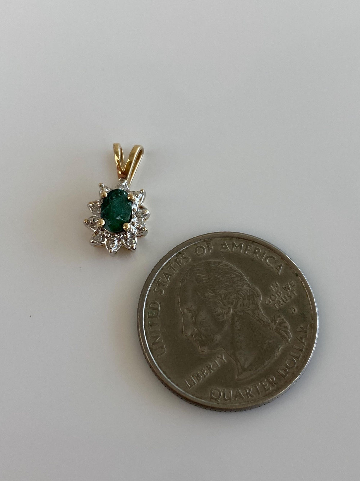 Vintage Solid 10k White & Yellow Gold Diamond Halo Emerald Charm