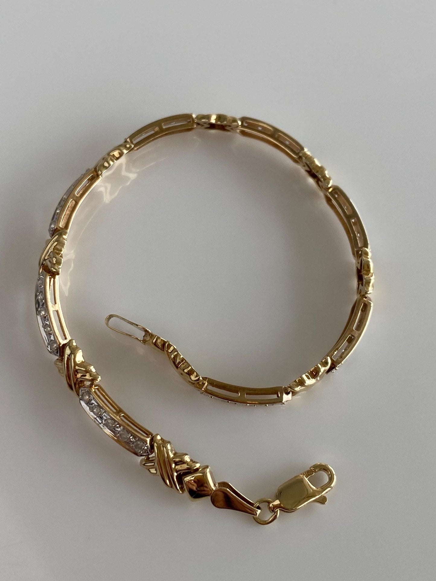 Vintage Solid 10k White & Yellow Gold Diamond X Link Bracelet - 7.25 inches