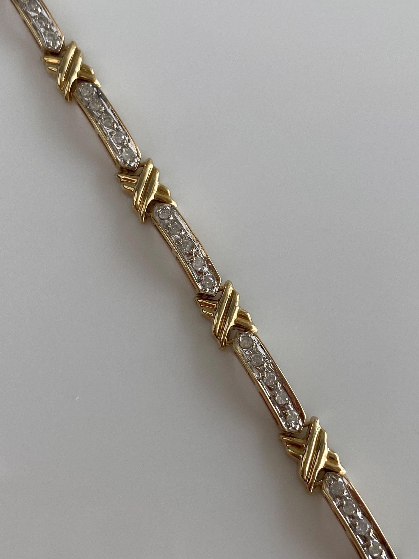 Vintage Solid 10k White & Yellow Gold Diamond X Link Bracelet - 7.25 inches
