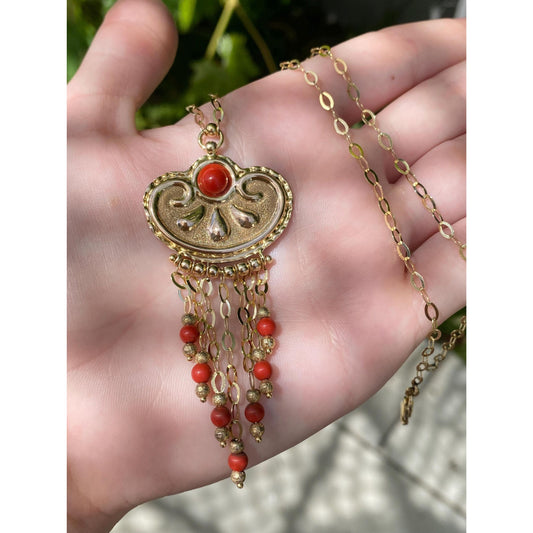 Vintage Solid 14k Yellow Gold Coral Fringe Medallion Cable Link Necklace - 17.25 inches