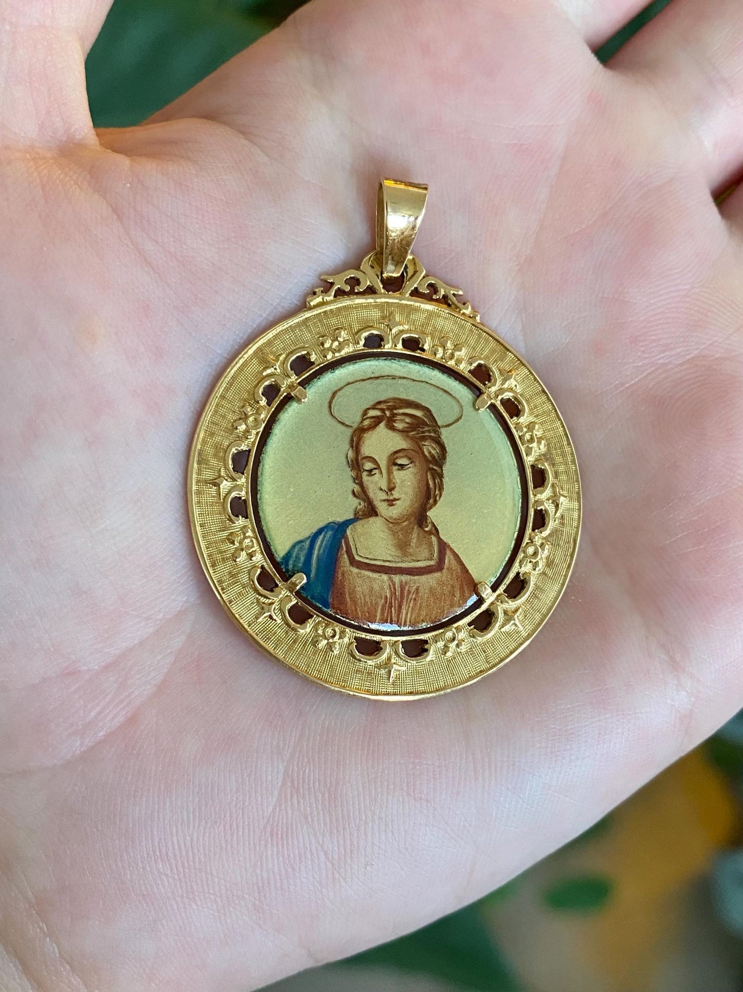 Solid 18k Yellow Gold Large Enamel Open Work Religious Charm