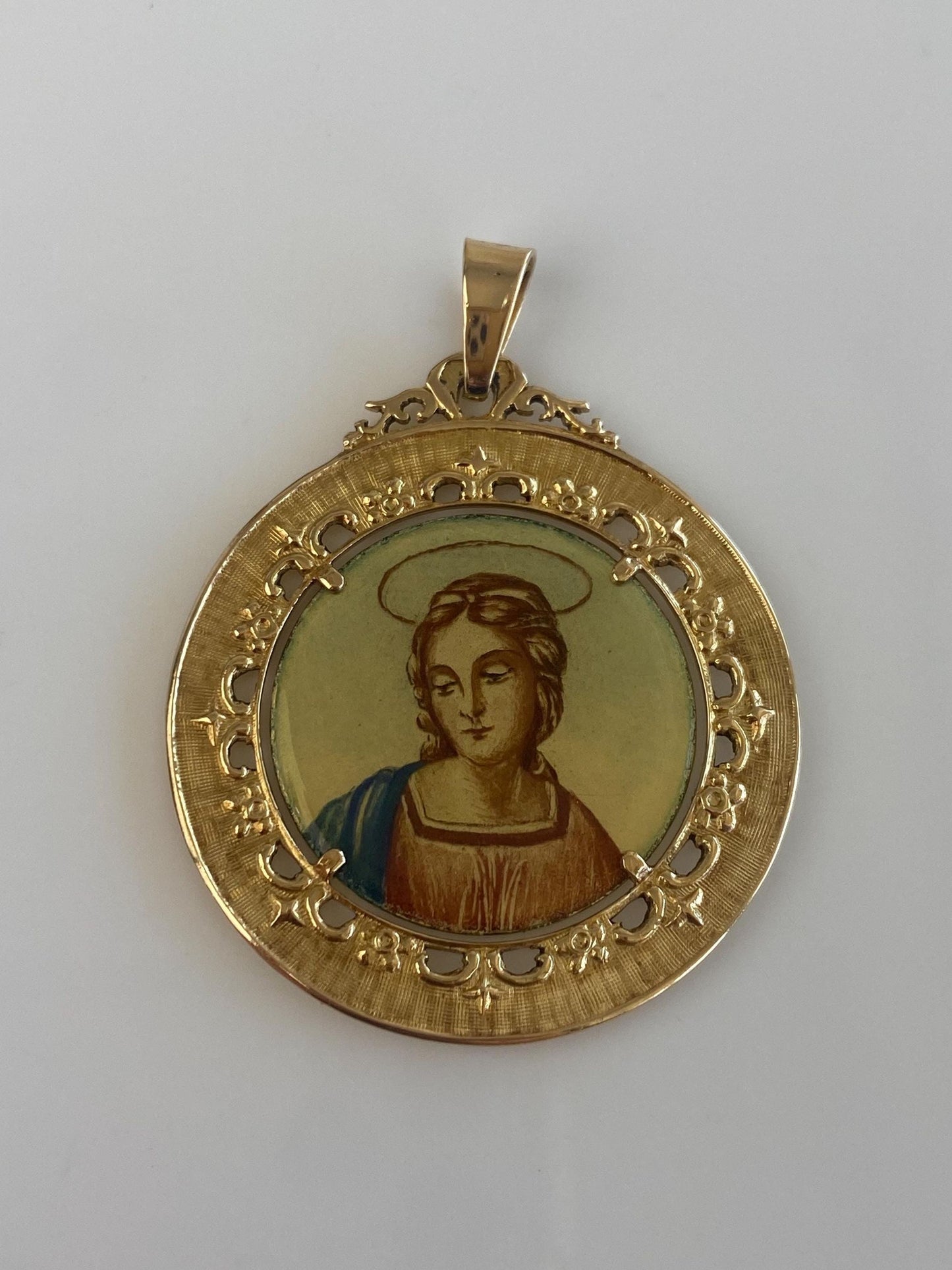 Solid 18k Yellow Gold Large Enamel Open Work Religious Charm