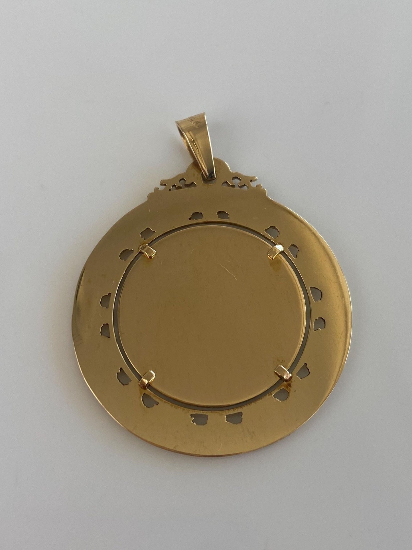 Solid 18k Yellow Gold Large Enamel Open Work Religious Charm