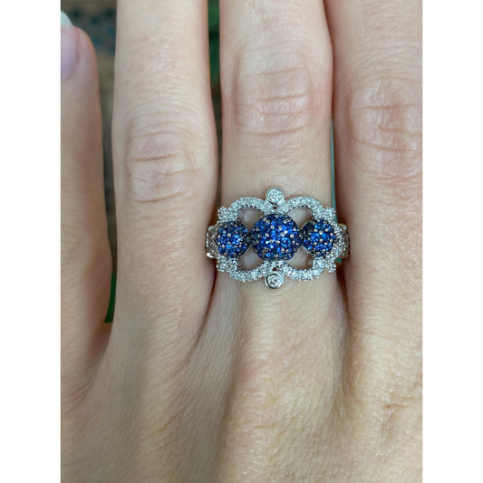 Vintage Solid 18k White & Yellow Gold Diamond Blue Sapphire Ball Ring Band - Size 6.75