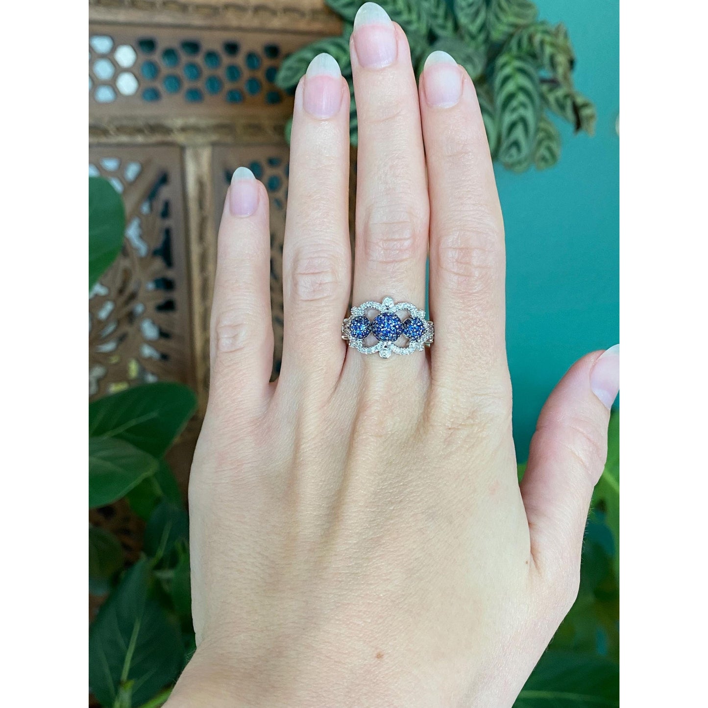 Vintage Solid 18k White & Yellow Gold Diamond Blue Sapphire Ball Ring Band - Size 6.75