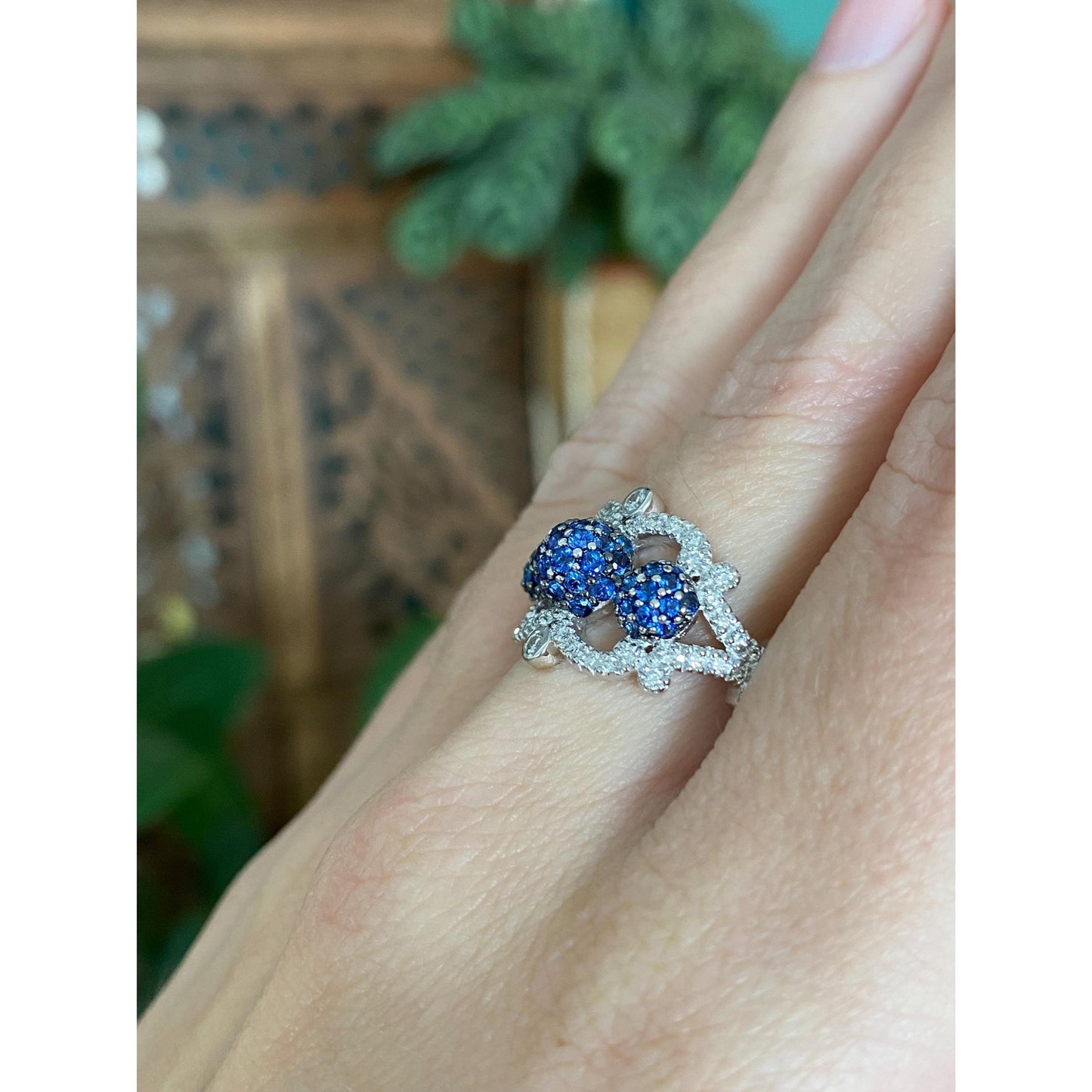 Vintage Solid 18k White & Yellow Gold Diamond Blue Sapphire Ball Ring Band - Size 6.75