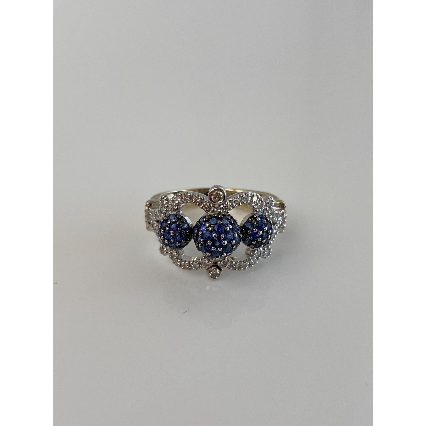 Vintage Solid 18k White & Yellow Gold Diamond Blue Sapphire Ball Ring Band - Size 6.75