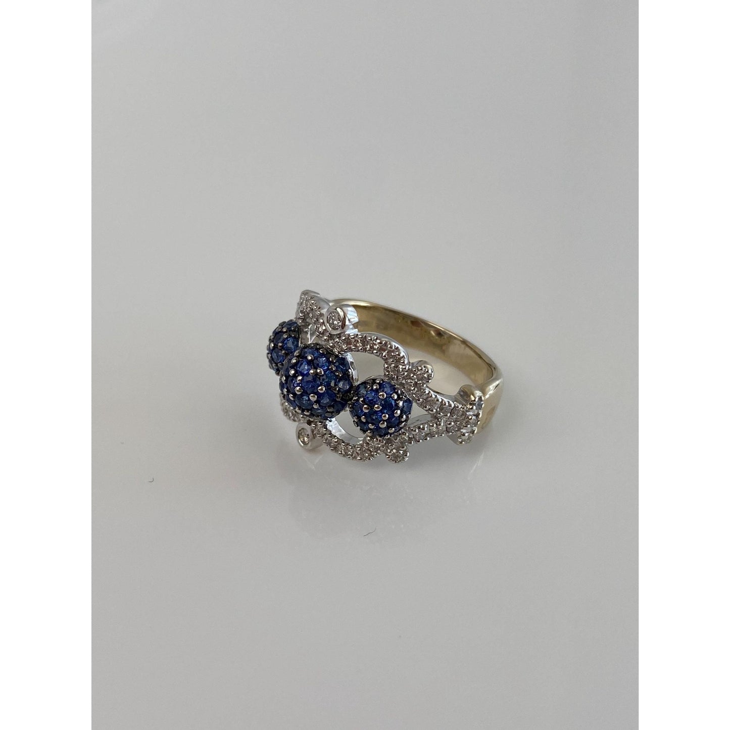 Vintage Solid 18k White & Yellow Gold Diamond Blue Sapphire Ball Ring Band - Size 6.75