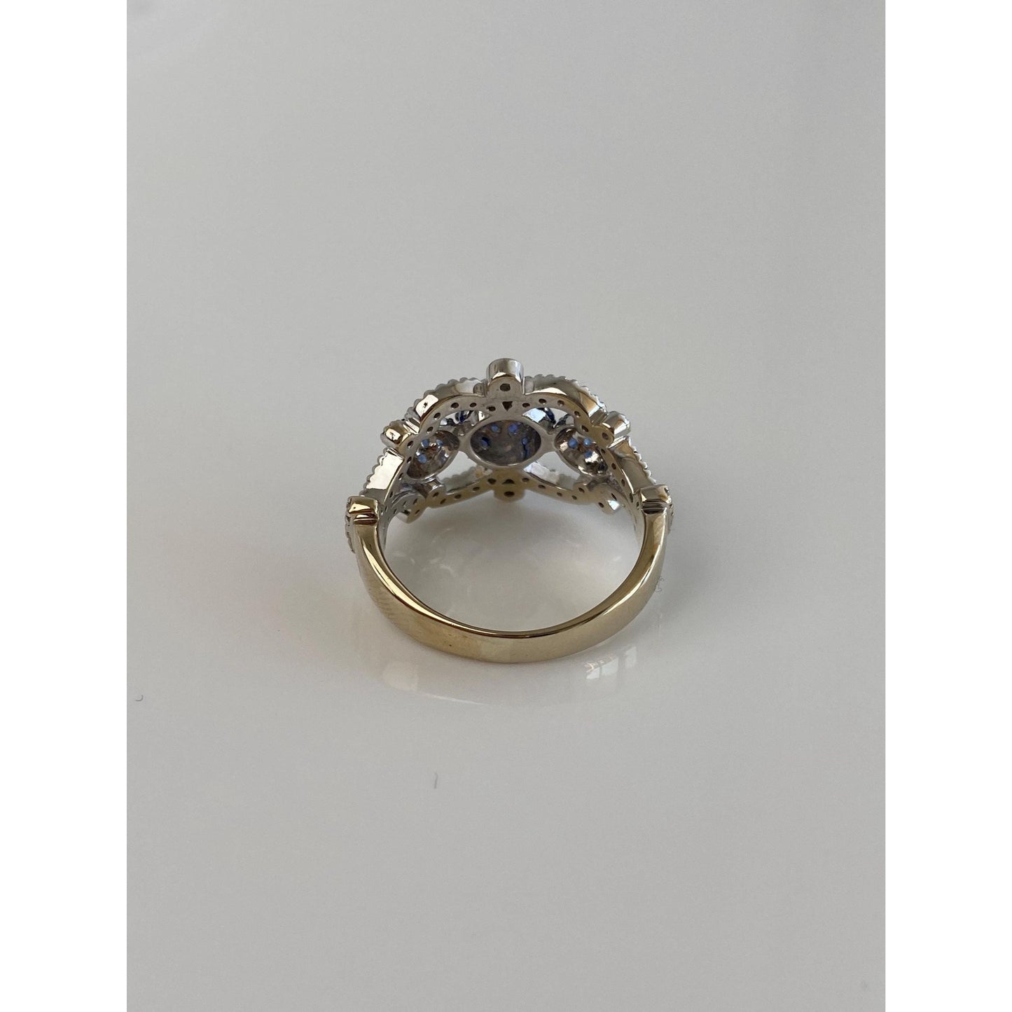 Vintage Solid 18k White & Yellow Gold Diamond Blue Sapphire Ball Ring Band - Size 6.75