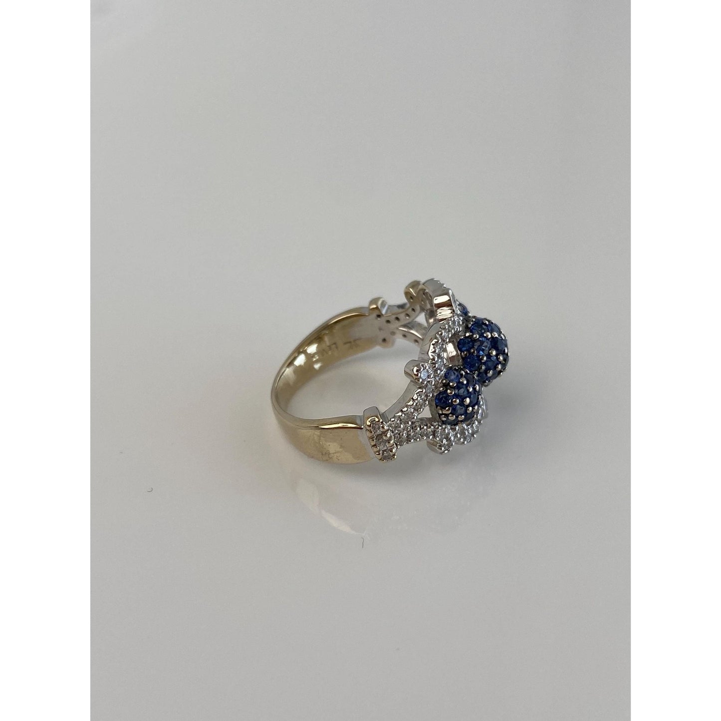 Vintage Solid 18k White & Yellow Gold Diamond Blue Sapphire Ball Ring Band - Size 6.75