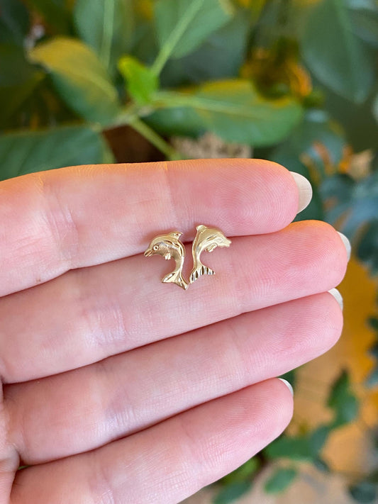 Solid 14k Yellow Gold Diamond Cut Dolphin Stud Earrings