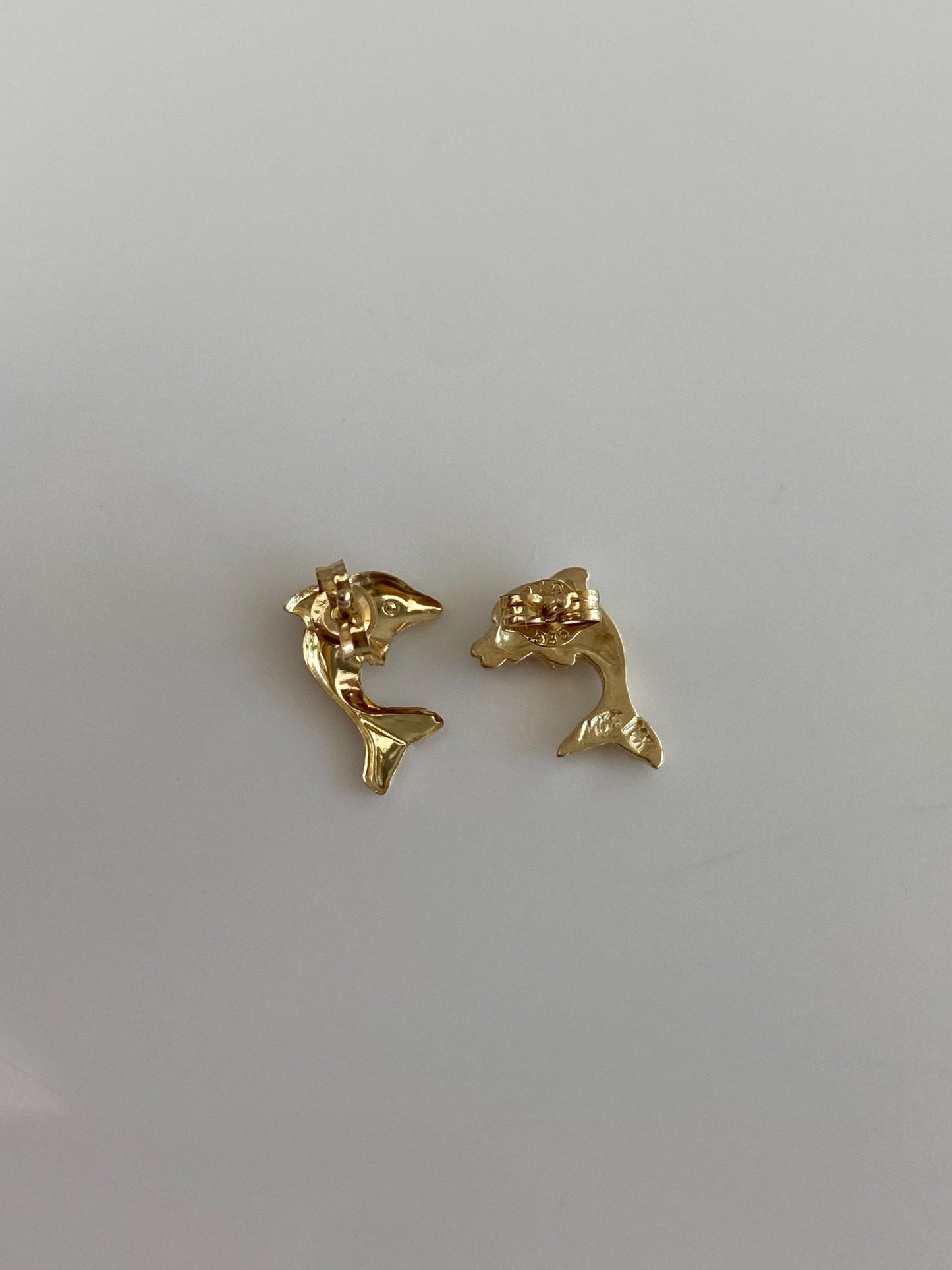 Solid 14k Yellow Gold Diamond Cut Dolphin Stud Earrings