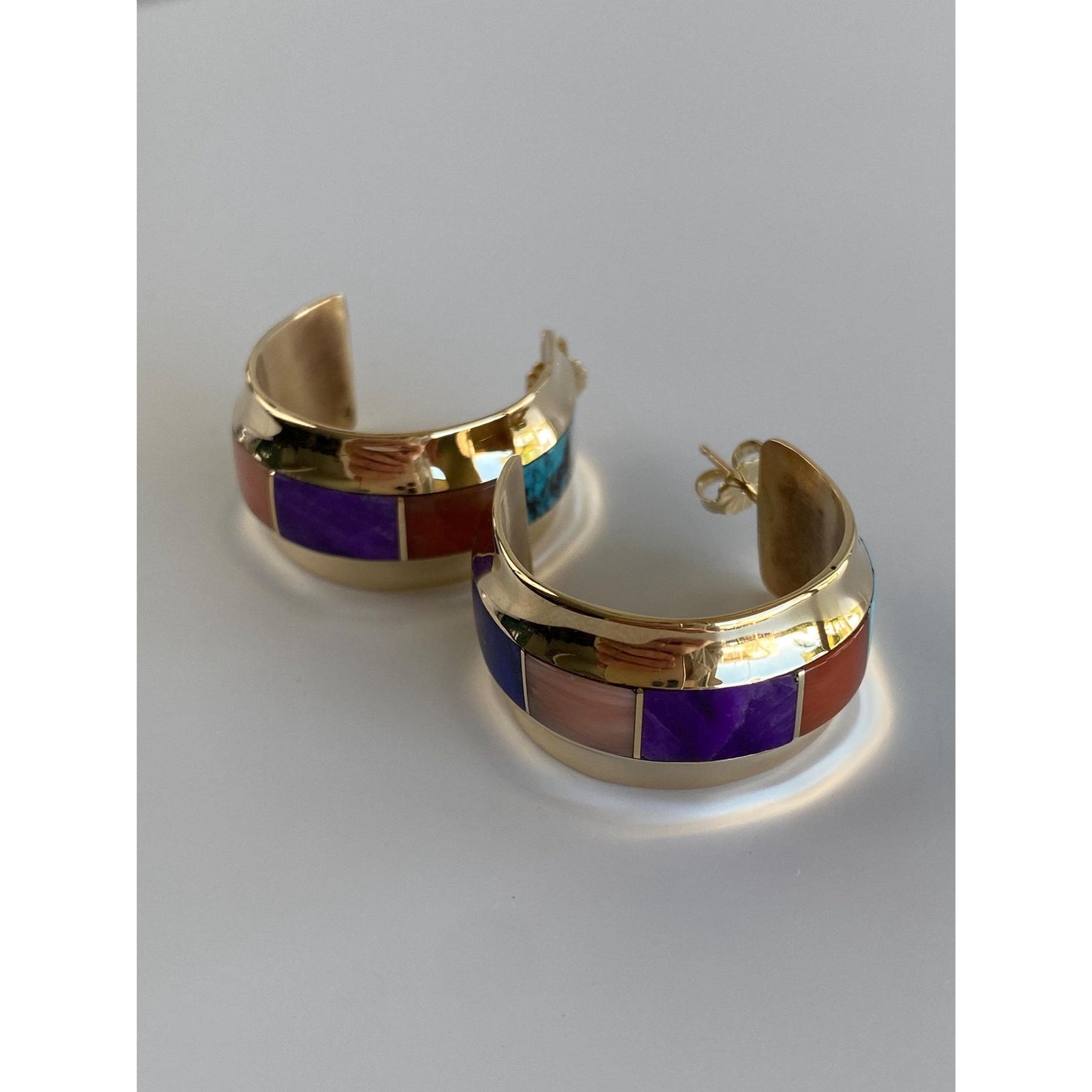 Solid 14k Yellow Gold Opal Turquoise Carnelian Amethyst Coral Blue Lapis Emerald Hoop Earrings