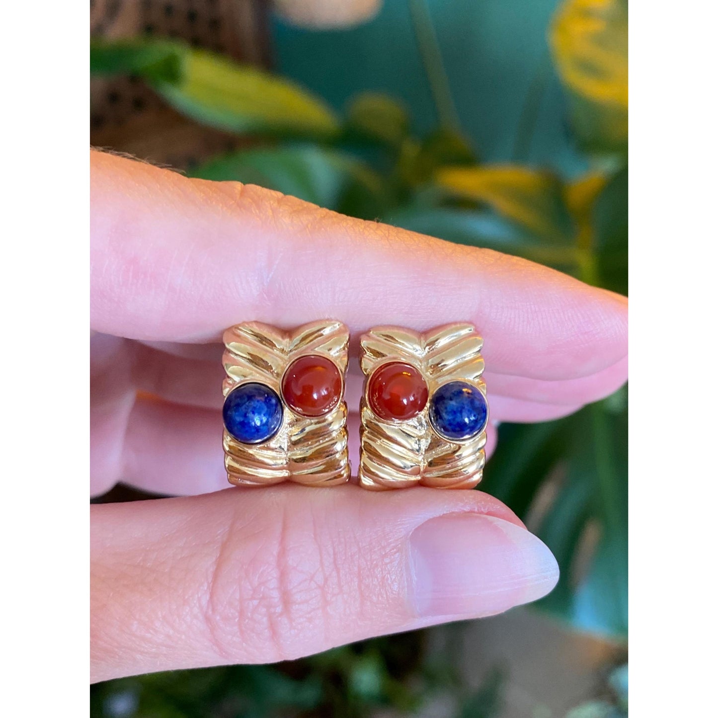 Solid 14k Yellow Gold Carnelian Blue Lapis Drop Earrings