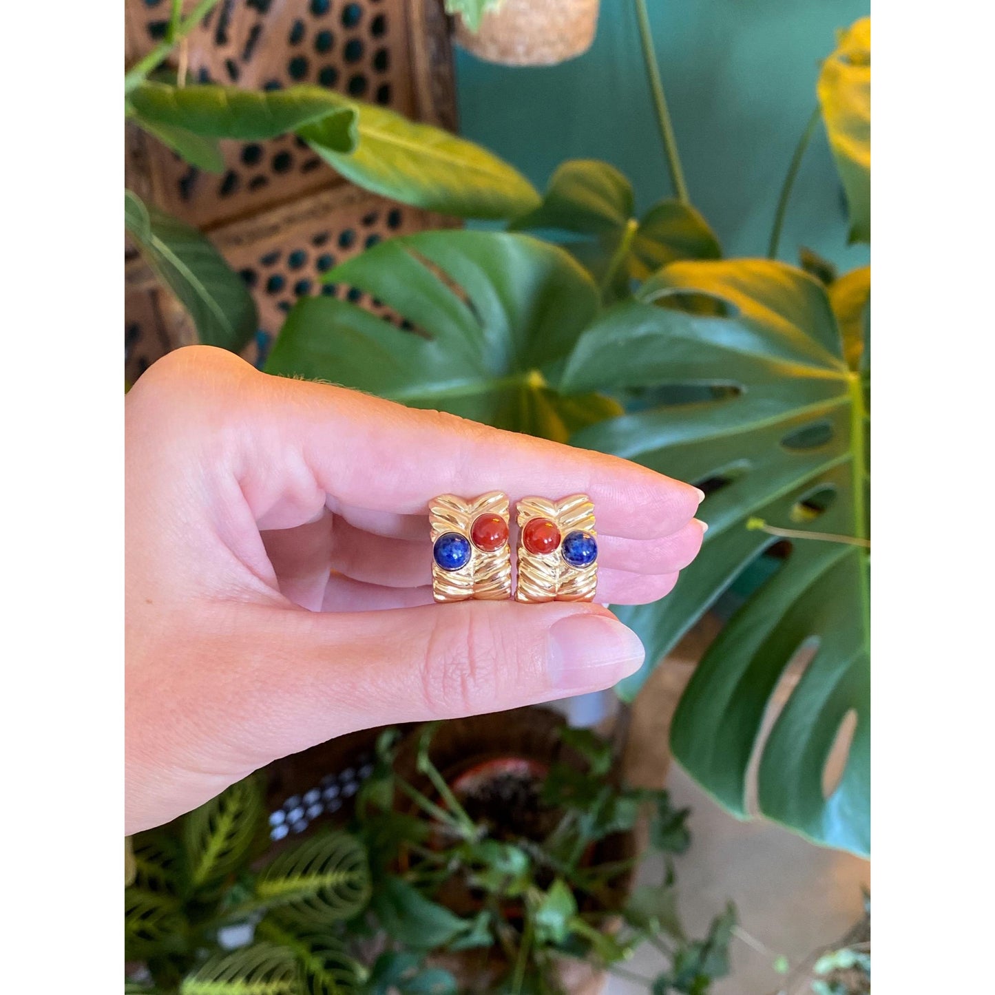 Solid 14k Yellow Gold Carnelian Blue Lapis Drop Earrings