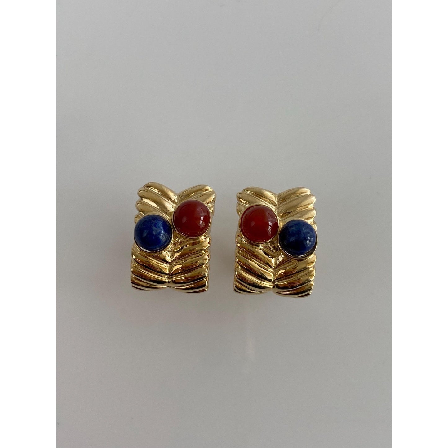 Solid 14k Yellow Gold Carnelian Blue Lapis Drop Earrings