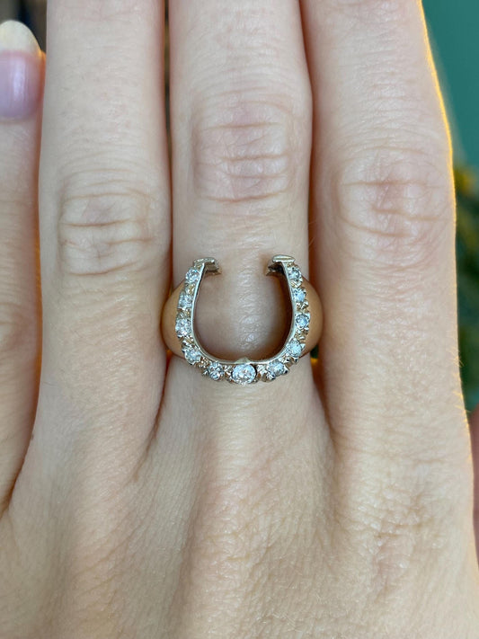 Vintage Solid 14k White & Yellow Gold Diamond Horseshoe Ring - Size 6.5