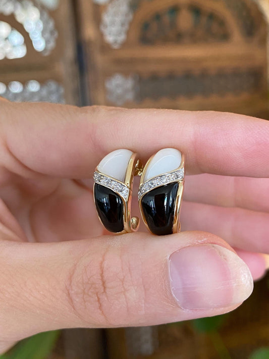 Vintage Solid 10k Yellow Gold Diamond Onyx Mother of Pearl Drop Earrings