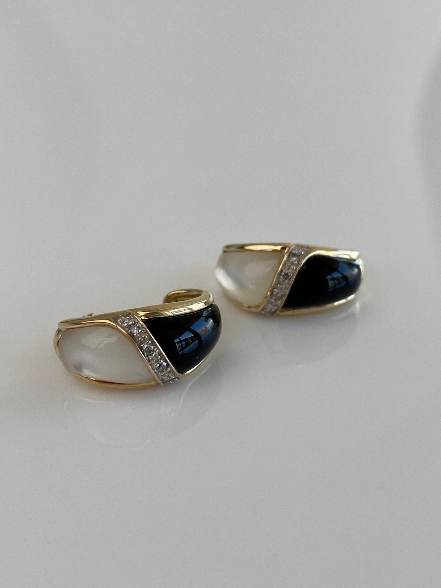 Vintage Solid 10k Yellow Gold Diamond Onyx Mother of Pearl Drop Earrings