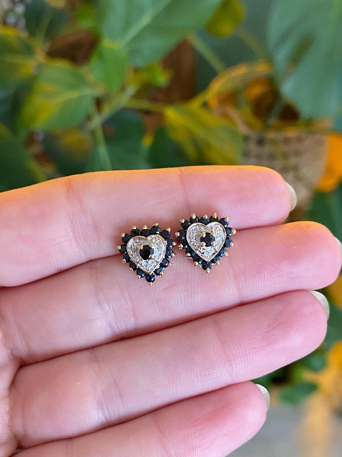 Vintage Solid 10k White & Yellow Gold Diamond Blue Sapphire Heart Stud Earrings