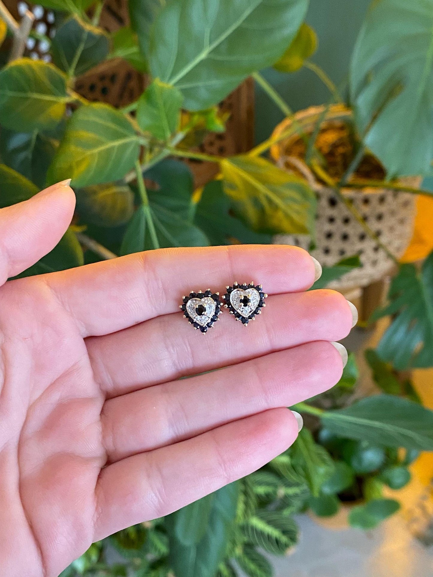 Vintage Solid 10k White & Yellow Gold Diamond Blue Sapphire Heart Stud Earrings