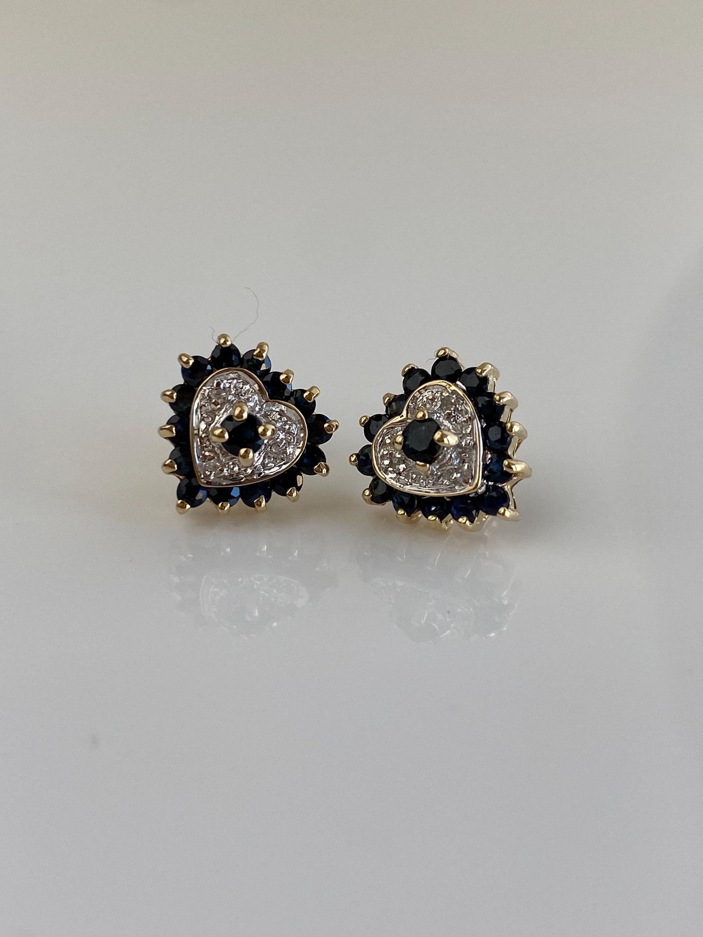 Vintage Solid 10k White & Yellow Gold Diamond Blue Sapphire Heart Stud Earrings