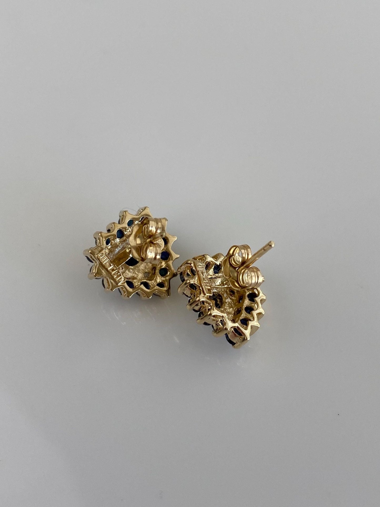 Vintage Solid 10k White & Yellow Gold Diamond Blue Sapphire Heart Stud Earrings