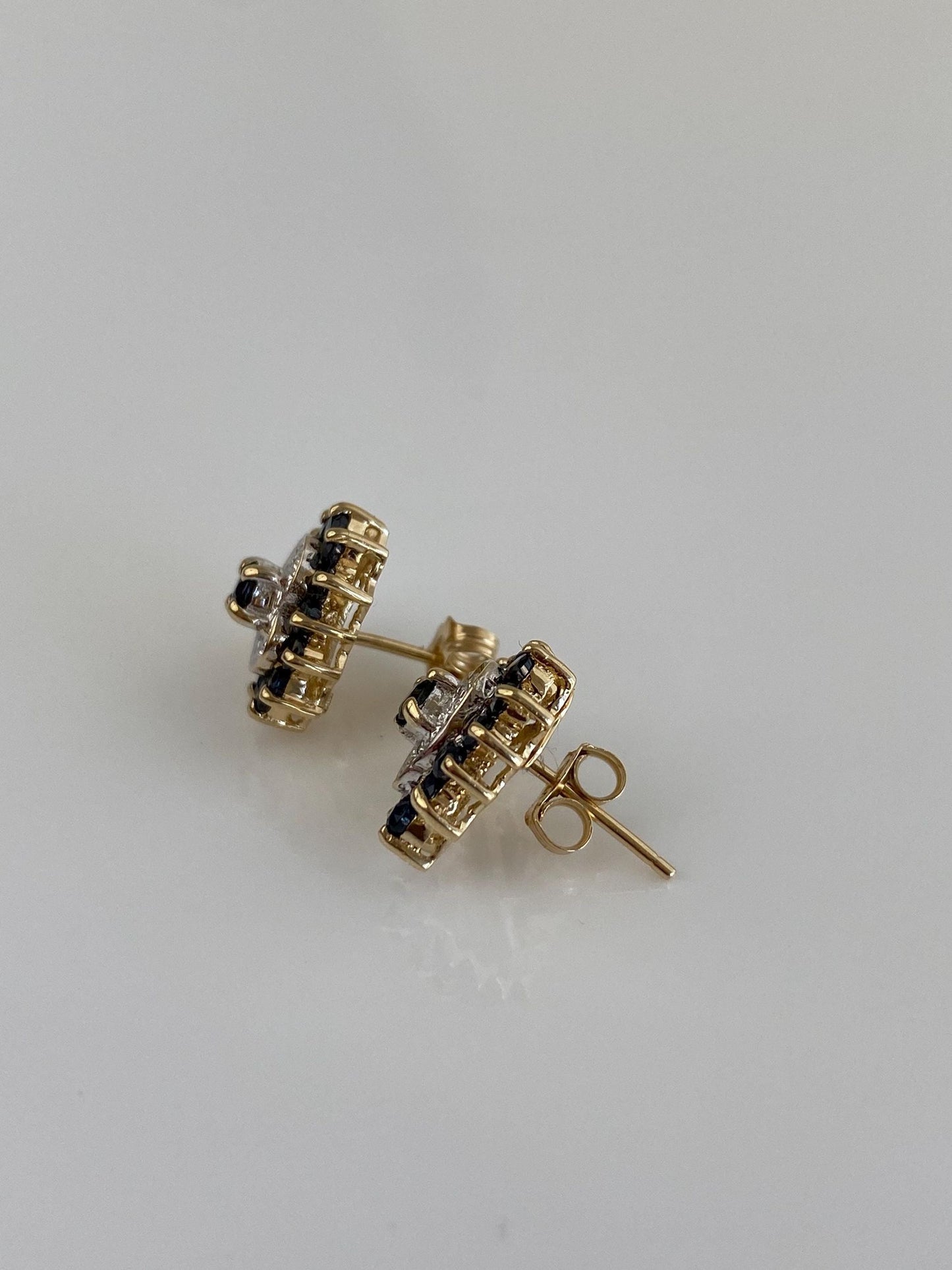 Vintage Solid 10k White & Yellow Gold Diamond Blue Sapphire Heart Stud Earrings