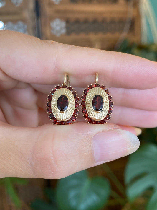 Vintage Solid 14k Yellow Gold Garnet Halo Drop Earrings