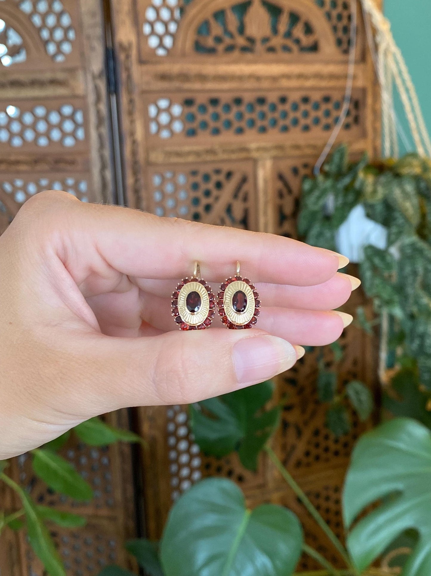 Vintage Solid 14k Yellow Gold Garnet Halo Drop Earrings