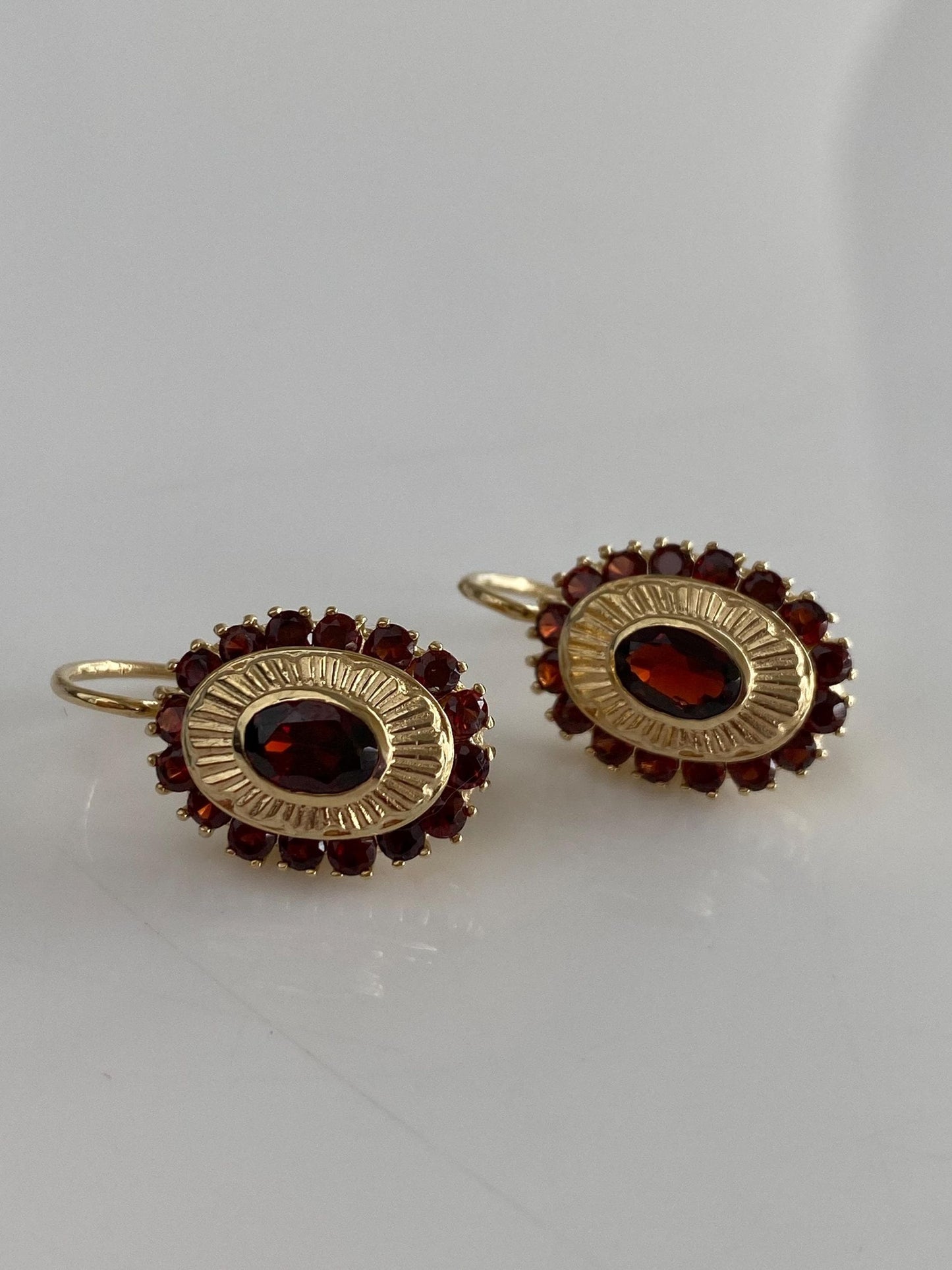 Vintage Solid 14k Yellow Gold Garnet Halo Drop Earrings