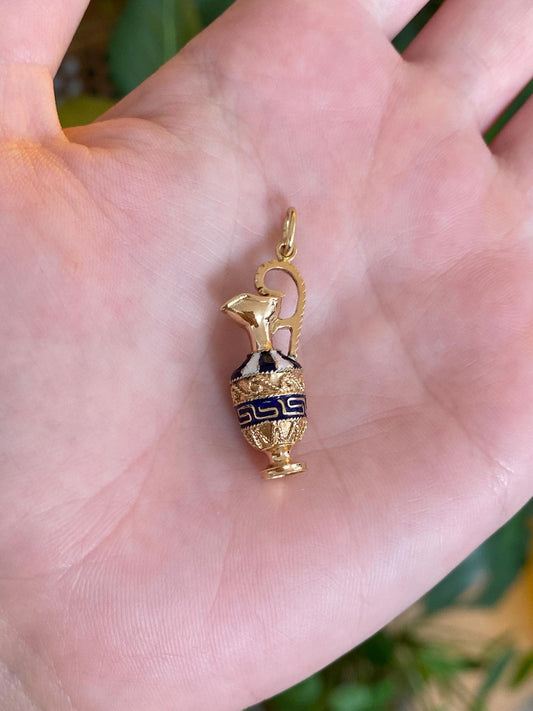 Vintage Solid 18k Yellow Gold Enamel Greek Key Vessel Pitcher Charm