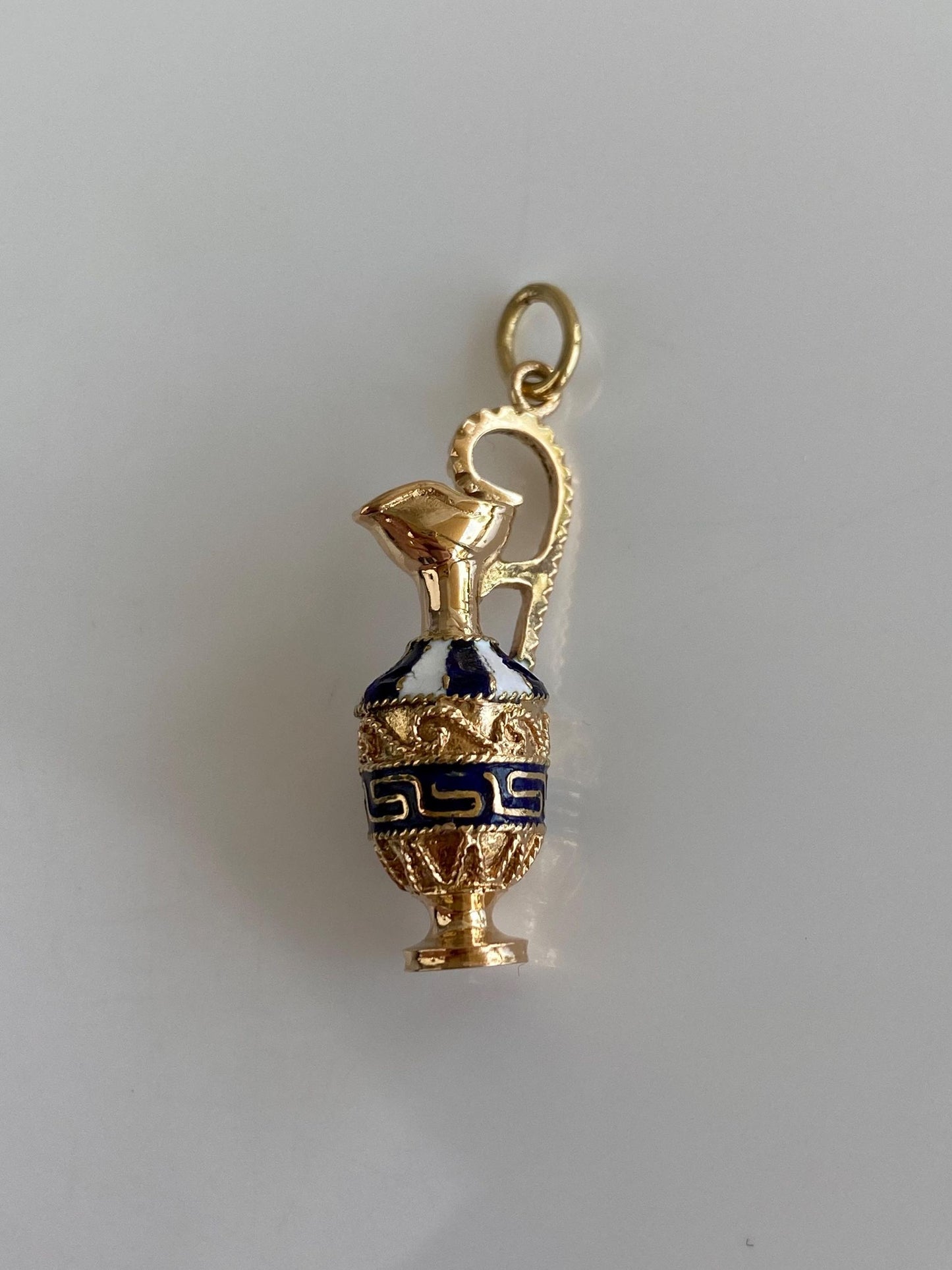 Vintage Solid 18k Yellow Gold Enamel Greek Key Vessel Pitcher Charm