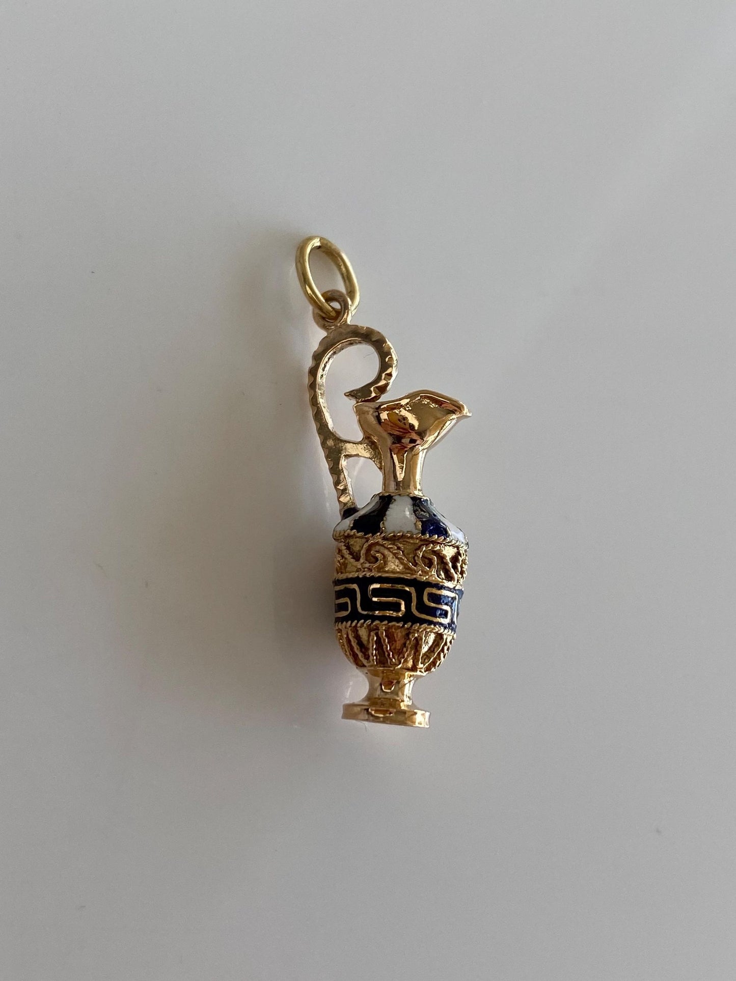 Vintage Solid 18k Yellow Gold Enamel Greek Key Vessel Pitcher Charm