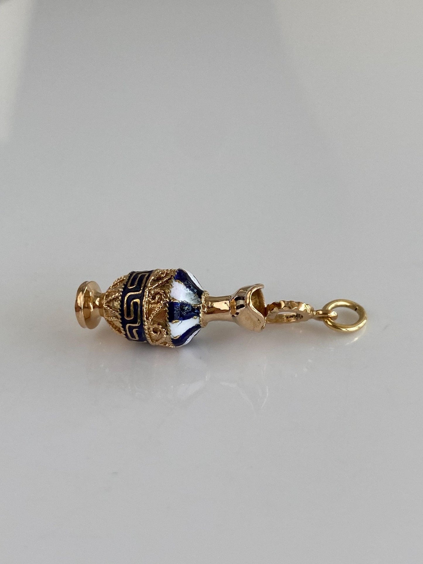 Vintage Solid 18k Yellow Gold Enamel Greek Key Vessel Pitcher Charm