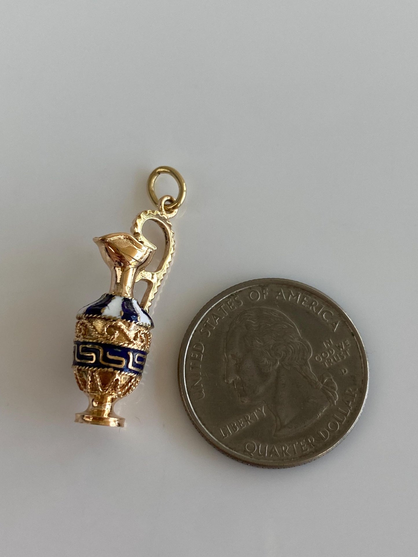 Vintage Solid 18k Yellow Gold Enamel Greek Key Vessel Pitcher Charm