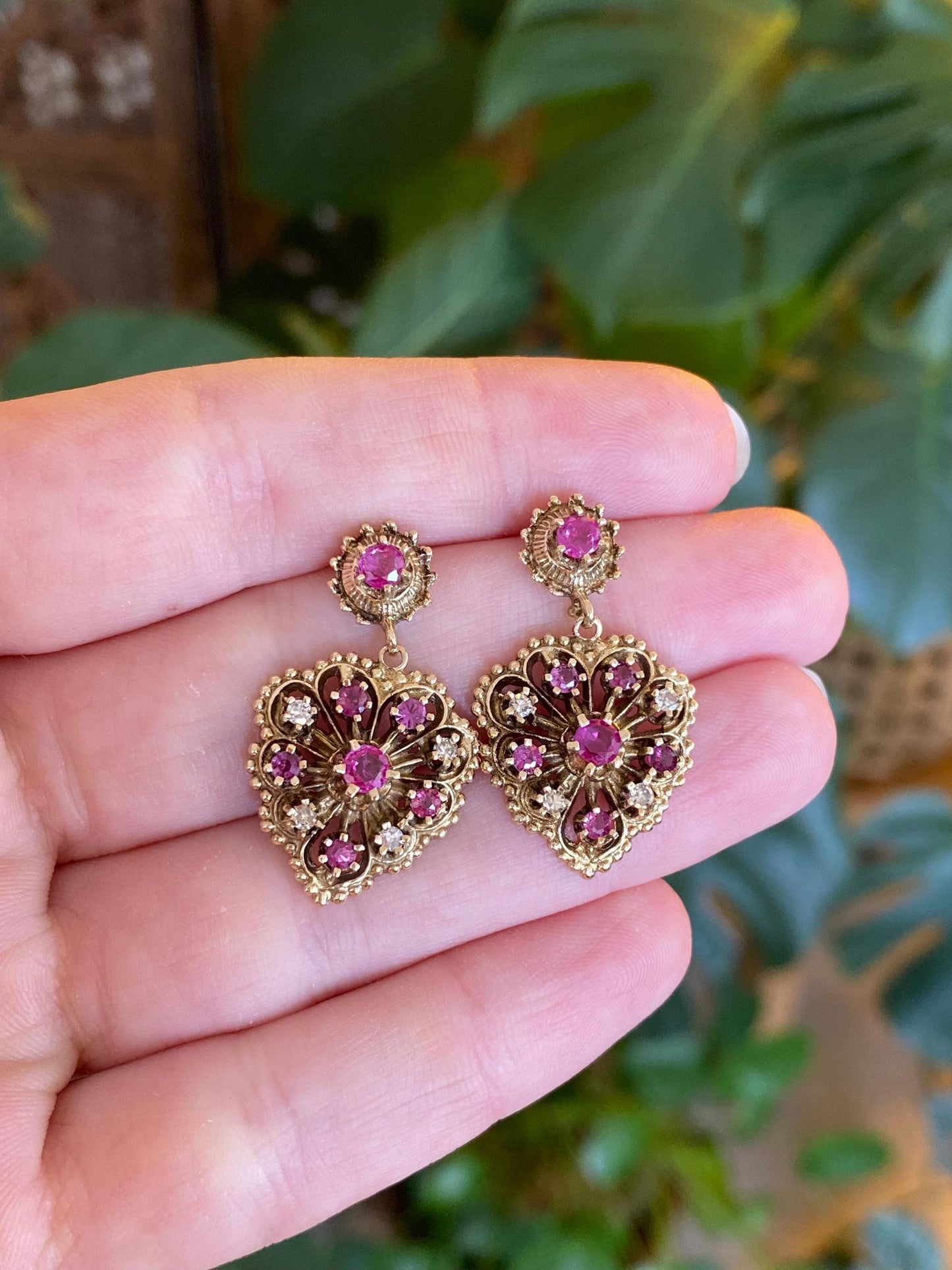 Vintage Solid 14k Yellow Gold Diamond Pink Sapphire Ornate Dangle Stud Earrings