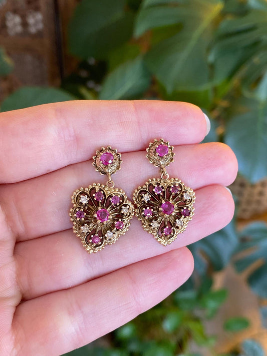 Vintage Solid 14k Yellow Gold Diamond Pink Sapphire Ornate Dangle Stud Earrings